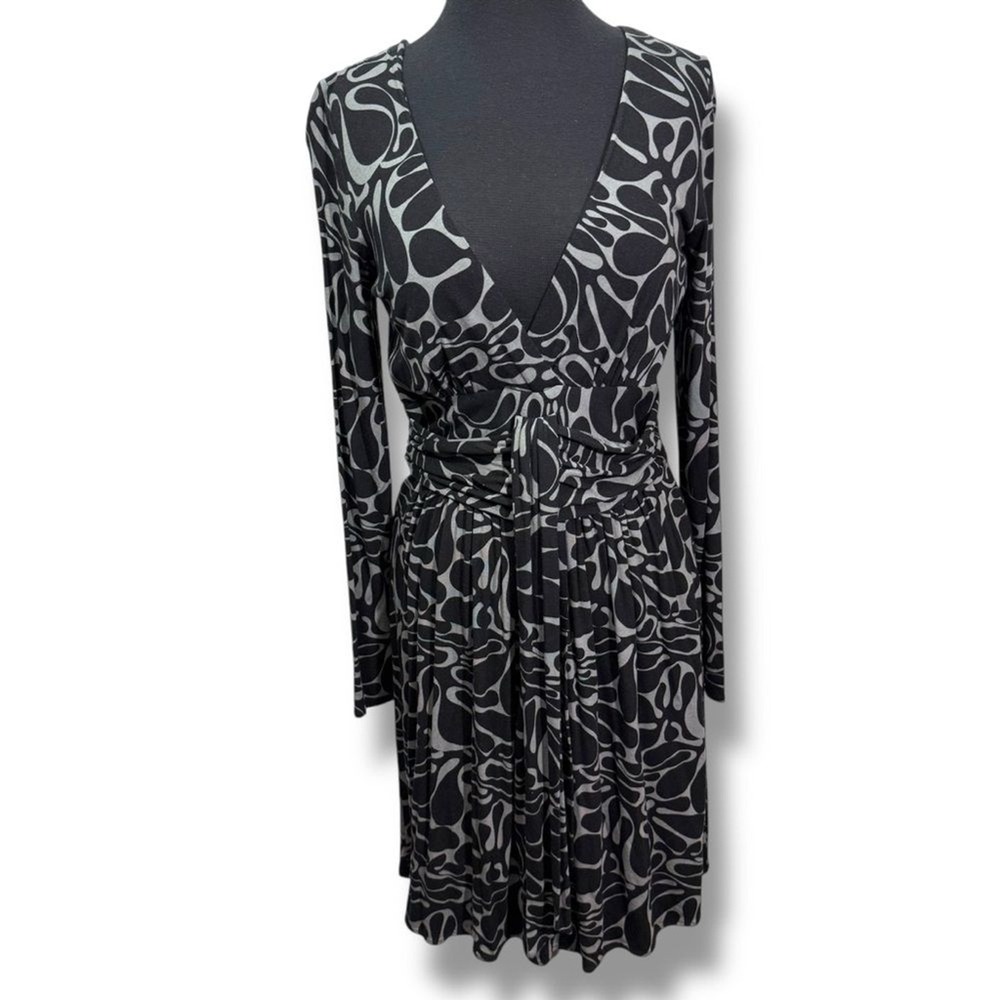 Vintage Milly V-Neck Wrap Dress Black Grey Abstract Print Long Sleeve Size M